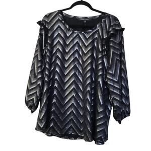 New Look Womens Blouse Top 3X Black Silver Shimmer Long Sleeves Round Neck NEW